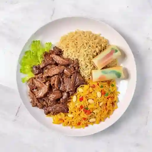 Carne Mongoliana Con Arroz Chaufan + 2u Arrollado Primavera