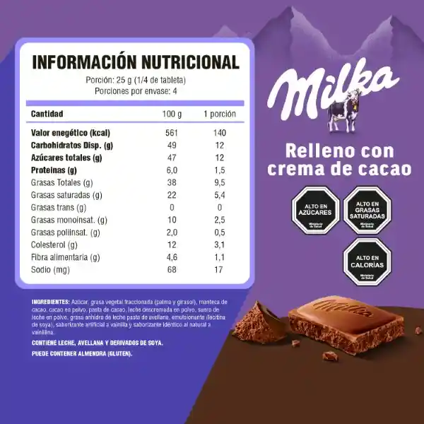 Milka Chocolate de Leche Relleno de Crema de Cacao