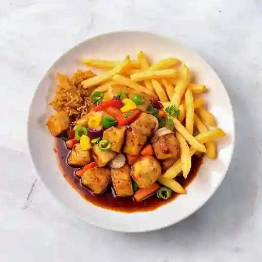 Chapsui de pescado con papa fritas