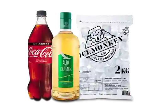 Pisco 35° 1L + bebida 1.5L + hielo