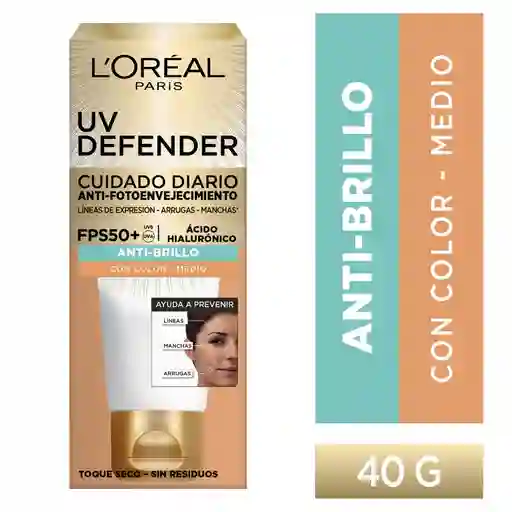 Loreal Paris UV Defender Crema Facial Anti-Brillo con Color Medio