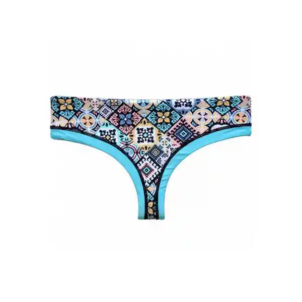 Bikini Calzón Tanga Reversible Tiro Alto Estampado Turquesa T. S Samia