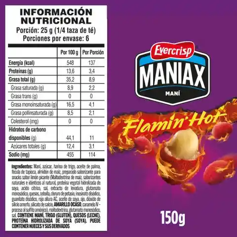 Maniax Maní Extra Crujiente Flamin' Hot Sabor Limón Picante