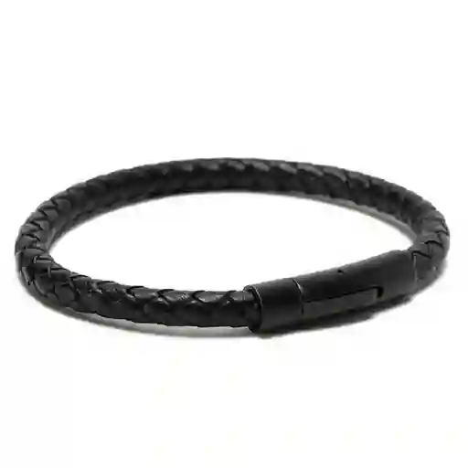 Pulsera Hombre Cuero Tejida Negra a Presión Grande