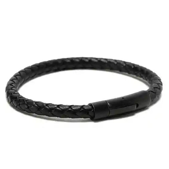 Pulsera Hombre Cuero Tejida Negra a Presión Grande