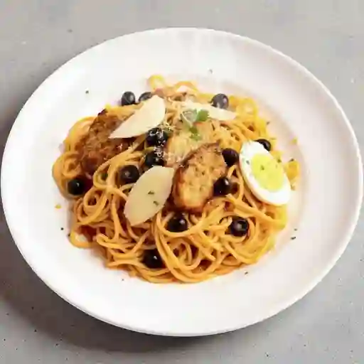 Tallarines huancaina dos proteinas