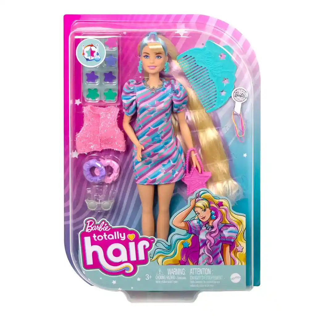 Barbie Muñeca Totally Hair Vestido de Estrellas Amarillas