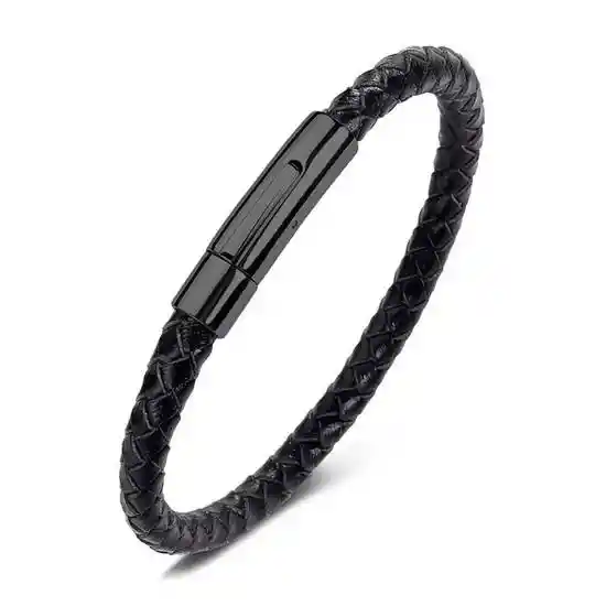 Pulsera Hombre Cuero Tejida Negra a Presión Mediana