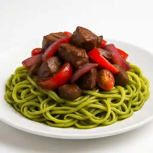 Fetuccini Al Pesto con Lomo Saltado