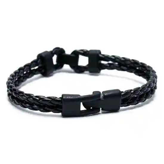 Pulsera Cuero Trenzado Detalles Acero Negro