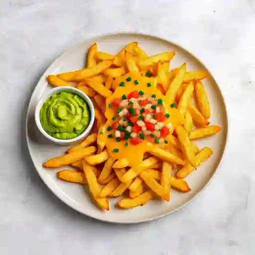 Papas Fritas + Queso Cheddar + Ciboulette + Guacamole (Pico E' Gallo)