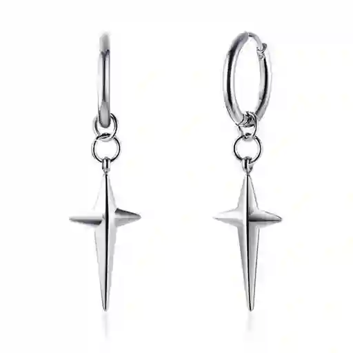 Aros Acero Argollas Con Estrella Colgante Plateada Par