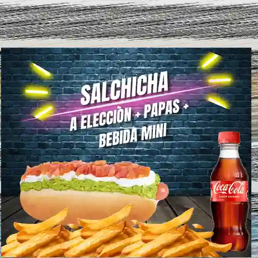 1 Salchicha a elección+papas+bebida mini