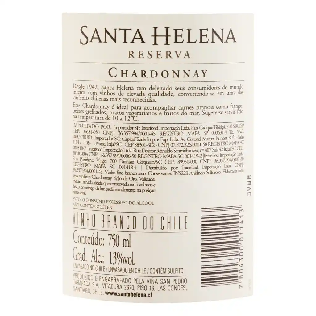 Vino Chardonnay S/Oro S Hel 750cc