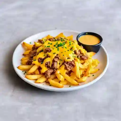 Papas Fritas + Queso Cheddar + Ciboulette + Pernil (Cerdo)