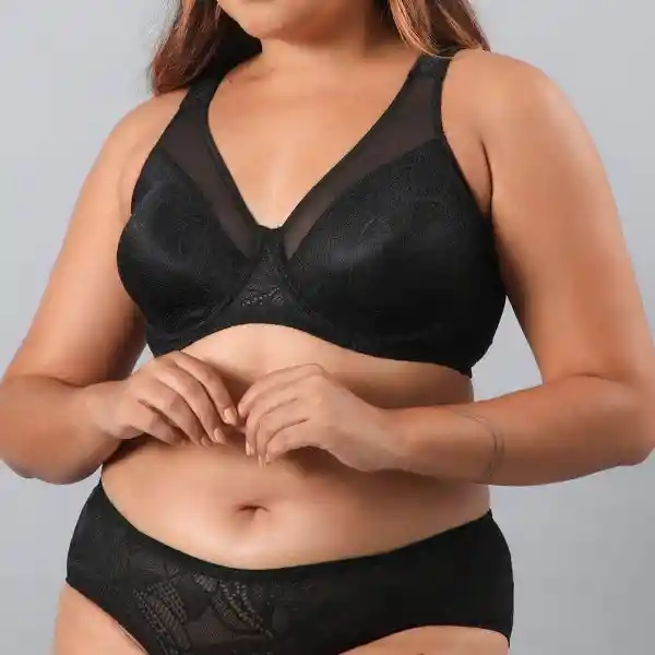 Sostén Encaje y Microfibra Color Negro Talla 36D Flores
