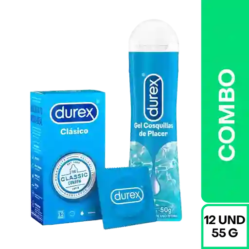 Combo Durex Clasic Condón Clasico 12 Und + Lub Play Cosquillas