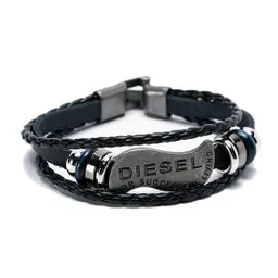 Pulsera Placa Diesel Con Cuero Trenzado Azul