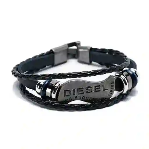 Pulsera Placa Diesel Con Cuero Trenzado Azul