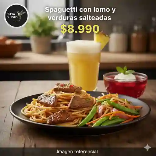 Spaguetti con lomo y verduras salteadas