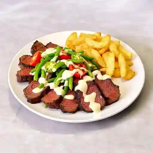 Churrasco chacarero + papas fritas
