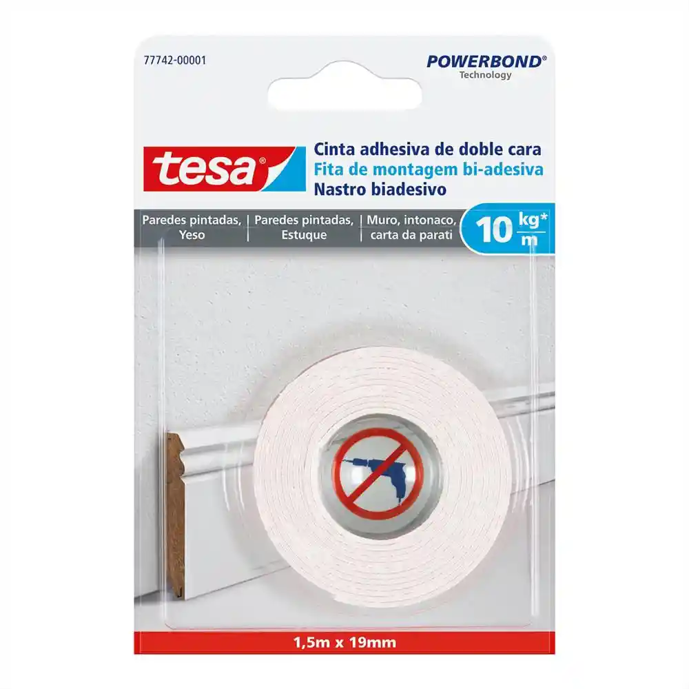 Tesa Cinta Doble Contacto Paredes / Yeso 19 mm x 1.5 m / 10 Kg