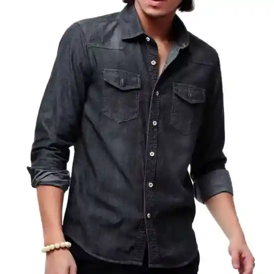 Camisa Botones Jean Manga Larga Negro