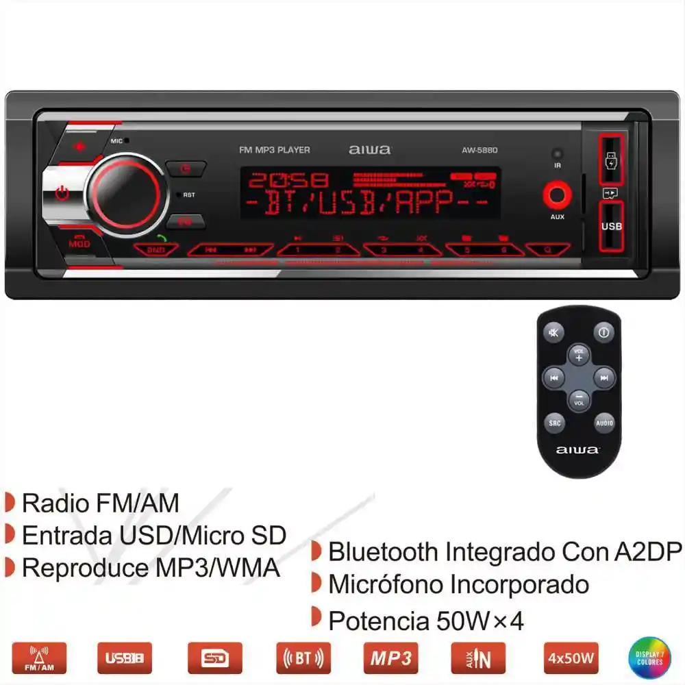 Radio 1din Fm/bt/usb X 2 Aiwa Aw-5880 Negro