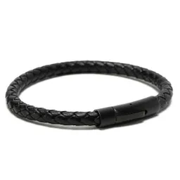 Pulsera Hombre Cuero Tejida Negra a Presión Pequeña