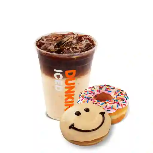 Iced Macchiato M + 2 Donuts.
