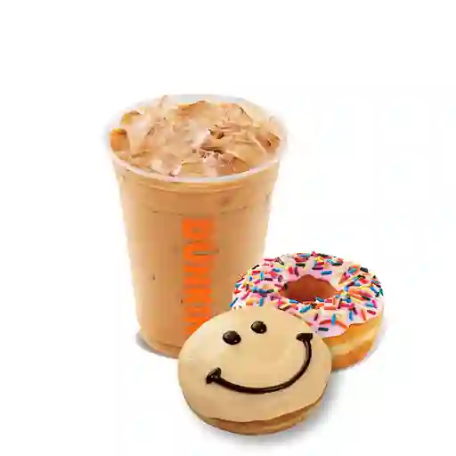 Iced Latte M + 2 Donuts.