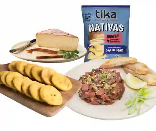 Pack Aperitivo Tartar, Papas Fritas, Queso Y Sopaipillas